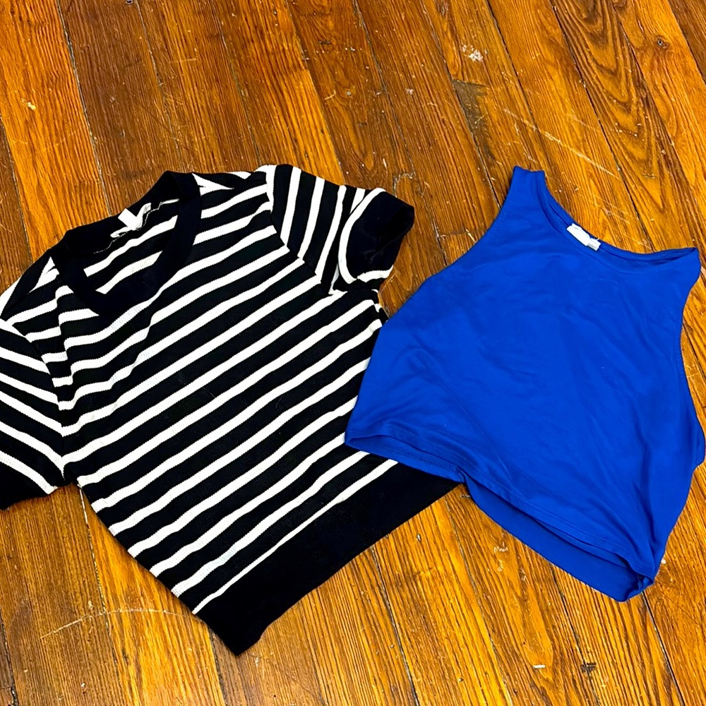 Striped Black and White Top and Blue Tank